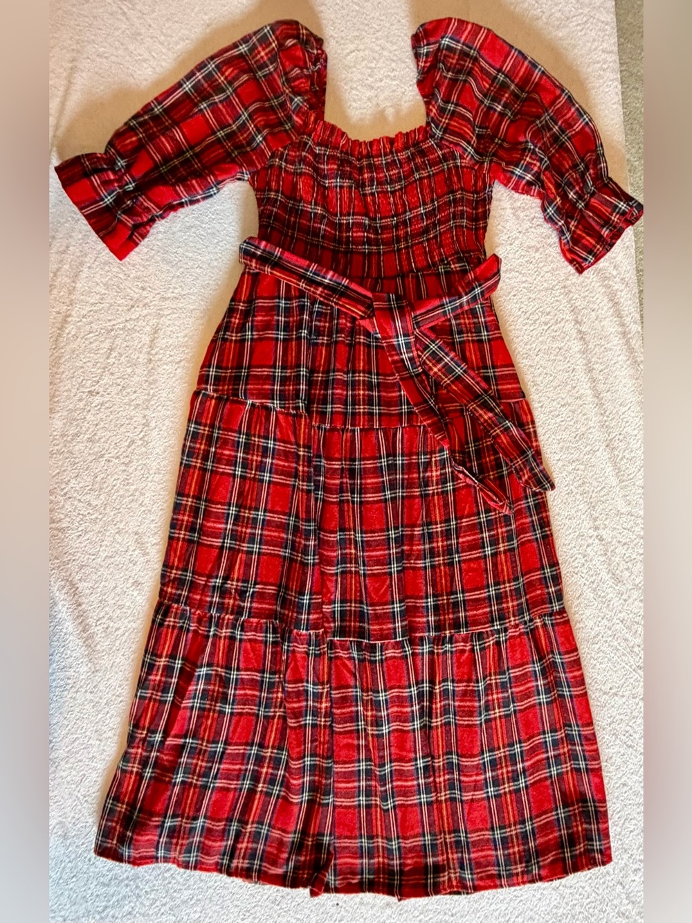 Women’s Red Tartan Plaid Flannel Smocked Waist Maxi Holiday Dress - size L